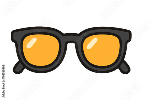 Stylish black frame sunglasses with yellow lenses, summer fashion accessory, flat cartoon vector illustration, transparent background, trendy eyewear icon for lifestyle and travel designs