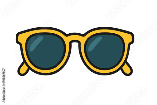 Bright yellow sunglasses icon with blue lenses, summer eyewear, flat style vector cartoon illustration, trendy fashion accessory, sunny day shades, transparent background