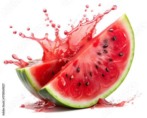 Two juicy watermelon slices with a splash of juice isolated on transparent background