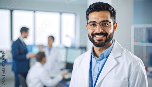 Smiling Scientist in Lab Coat, Modern Medical Research Team in Background
