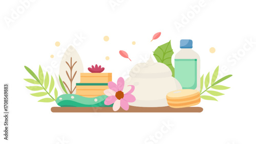 Spa day essentials vector illustration featuring skincare products and floral elements design set up