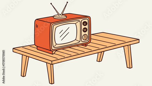 Vintage television set on wooden table illustration for retro tv antique broadcast media design