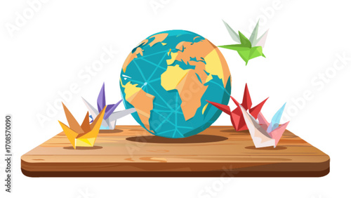 Origami crane world peace global harmony international relations cultural exchange illustration art
