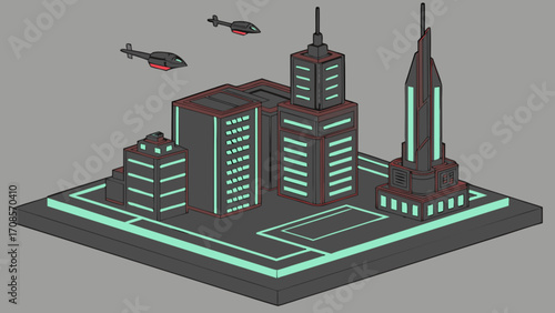 Isometric future city landscape with skyscrapers and flying vehicles vector illustration design