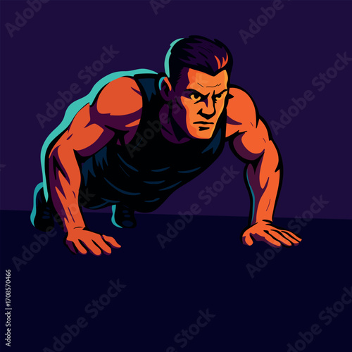 Powerful male figure doing push-ups in a bold, stylized vector art style ideal for fitness posters, gym branding, and motivational workout visuals.