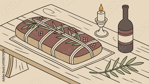 Table setting with loaf cake wine bottle and candle illustration for food blog and recipe website use