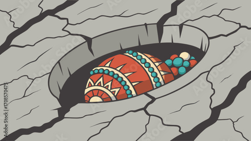 Hidden treasure ancient artifact discovery in cracked stone ground background vector illustration