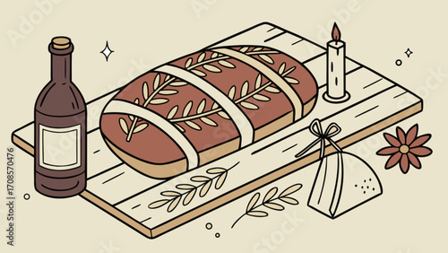 Still life drawing of holiday loaf cake with wine bottle and candle on wooden board illustration