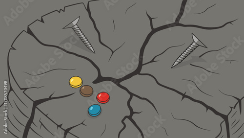 Illustration of cracked rock surface with nails and colorful buttons for graphic design projects