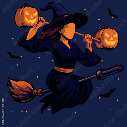A witch lifts barbell pumpkins while flying on a broomstick combining Halloween fun with fitness power in a bold, cartoon-style vector design.