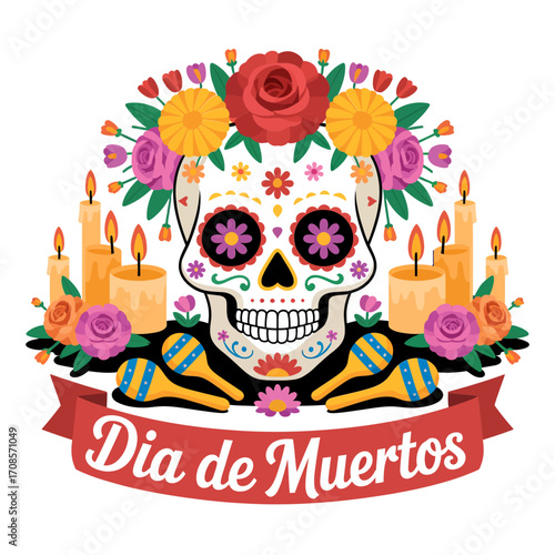Dia de Muertos sugar skull, floral crown with red rose, candle altar, ribbon banner, folk art style, background
