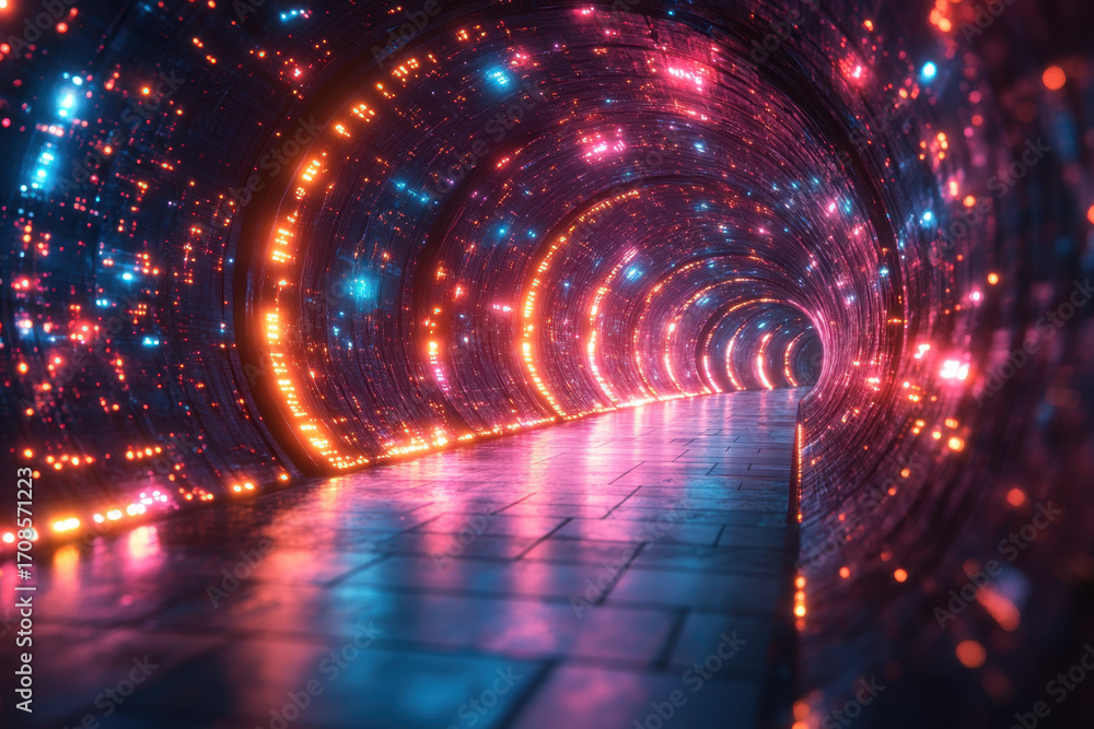 Fototapeta premium Colorful lights illuminating a tunnel.