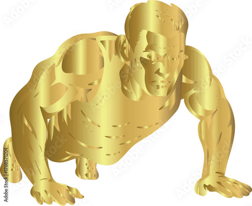 Stylized golden athlete doing push-ups symbolizing strength, luxury fitness, and elite discipline with a metallic, high-impact visual for premium gym branding or posters.