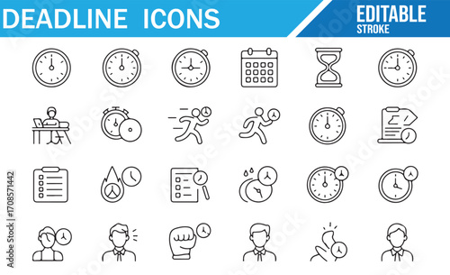 Business deadline and productivity icons set with time management concepts in line style