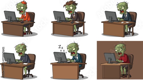Tired office zombie working on computer, cartoon vector illustration, exhausted employee, overworked worker, humorous undead character, burnout concept, flat vector illustration