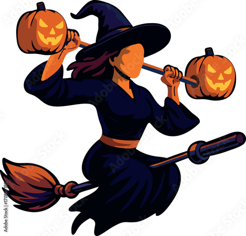 Flying Halloween witch lifting barbell pumpkins bold cartoon cutout with fitness vibes, perfect for spooky gym posters, Halloween merch, or seasonal workout graphics.