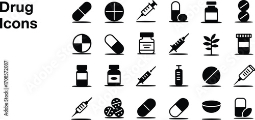 Collection of diverse medical and pharmaceutical icons representing healthcare and treatment options.