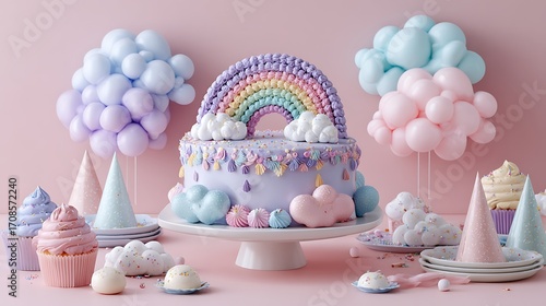 A whimsical birthday celebration with a pastel-colored rainbow cake surrounded by fun decor elements like cloud-shaped balloons and party hats