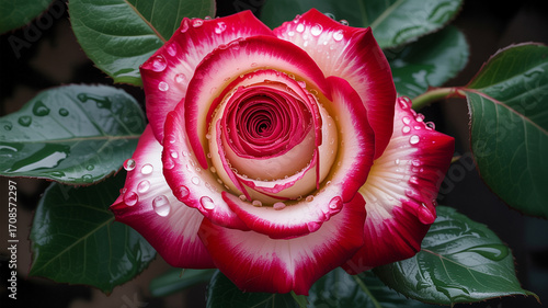 Bicolored rose petals glistening with water droplets flower white