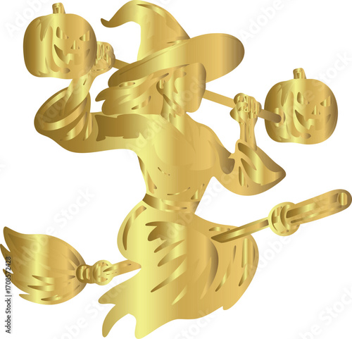 Stylized golden witch lifting pumpkin barbells on a broomstick combining Halloween fantasy and fitness strength in a premium metallic design.