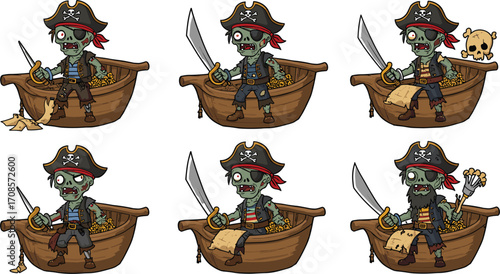 Zombie pirate characters standing on treasure boat with swords, eye patch, map, skull, undead crew, Halloween theme, vector art, flat vector illustration