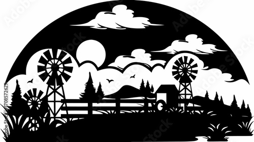 Farm Landscape with Windmills and Sun