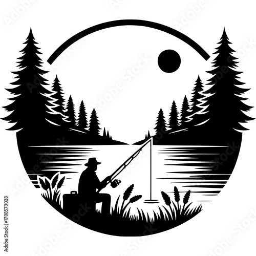 Serene Angler's Retreat: An elegant, minimalist illustration captures the essence of solitude, depicting a solitary figure engaged in the tranquil art of fishing by a serene lake.