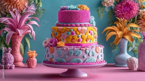 A whimsical birthday featuring a three-tiered cake with uneven layers, vibrant colors, and playful patterns, perfect for a childrena??s party