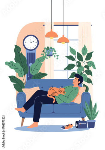 Man relaxing on a couch with a cat enjoying a quiet afternoon at home.