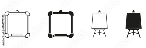 Square Frame And Easel Line And Solid Icon Set. Art Display, Presentation, And Creativity Symbol Collection. Ideal For Art Studios, Galleries, And Educational Settings. Isolated Vector Illustration