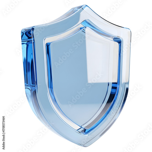 3D Illustration of Blue Glass Shield, Protection Icon, Transparent Design, Cristal Security Symbol, Safety Element, Guard