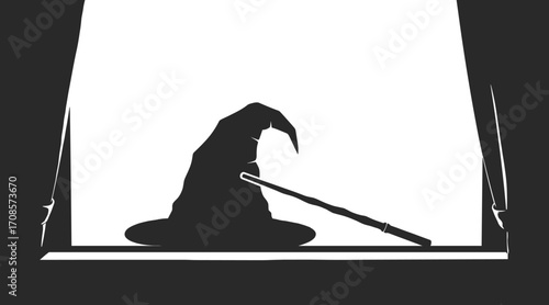 Black silhouette of a wizard hat and wand on a white background with dark framing magic wand black and white