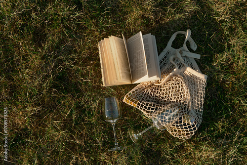 Horizontal top-down view of an open book on dry autumn grass, sun rays playing with pages. A woven mesh bag with a wine bottle and glasses lies nearby, creating warm romantic picnic atmosphere.