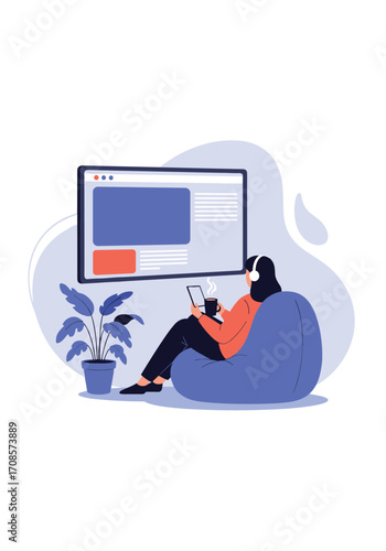 Young woman listening to music and watching a movie on a laptop.