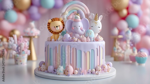 A whimsical birthday featuring a cake with pastel drips, decorated with playful animal toppers, and surrounded by pastel balloons and party decorations