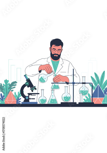 Scientist conducting a chemical experiment in a laboratory with beakers and equipment.