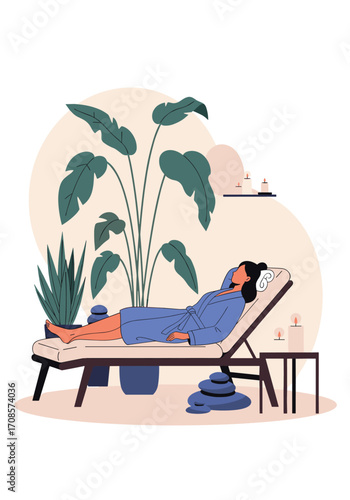 Relaxing woman enjoying a peaceful moment on a lounge chair surrounded by plants.