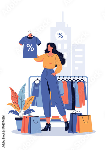 Woman holding up a t shirt with a percentage sign on it surrounded by shopping bags and clothes on a rack.