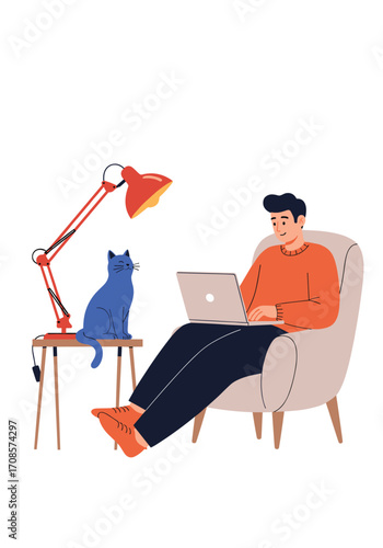 A person works on a laptop with a cat nearby.
