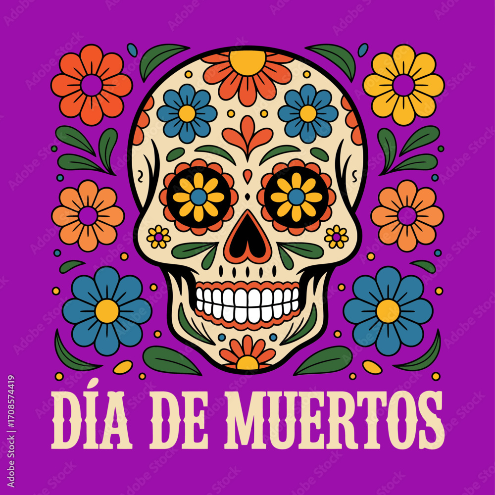 Obraz premium Dia de Muertos illustration, decorative sugar skull, bright marigold motifs, symmetrical folk patterns, bold lettering, purple background, vector