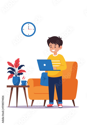 Young boy happily working on a laptop at home with a plant and coffee.