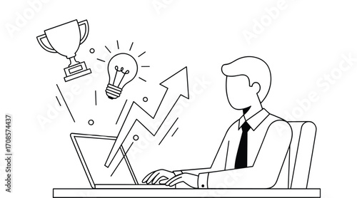 Businessman at desk with laptop generating ideas trophy and upward trending graph office work