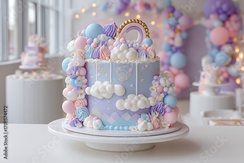 A whimsical birthday featuring a fluffy, pastel-colored cake with cloud-inspired designs and surrounded by soft balloon accents