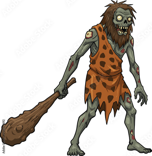 Cartoon caveman zombie holding wooden club, prehistoric undead creature with tattered animal skin, scary horror character, Halloween vector art, creepy ancient monster design