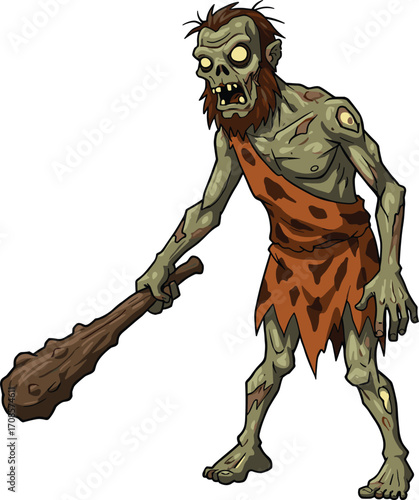Cartoon caveman zombie holding wooden club, wearing animal skin, scary undead prehistoric character, horror illustration, Halloween vector, creepy ancient monster design