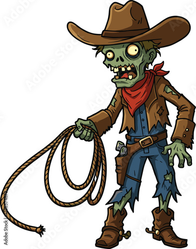 Cartoon zombie cowboy character holding lasso, creepy undead western gunslinger illustration for Halloween, horror theme, wild west concept, spooky vector art