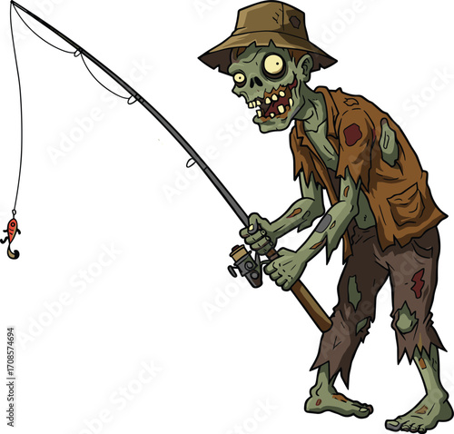 Cartoon zombie fisherman wearing tattered clothes and hat, undead character holding fishing rod with bait, spooky Halloween vector illustration for horror content