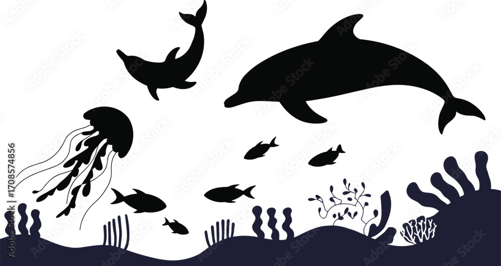 Naklejka premium Silhouette of Dolphins, Jellyfish, and Fish Swimming in Ocean with Coral Reef, Underwater Marine Life Scene, Vector Illustration for Nature and Sea ThemesSilhouett