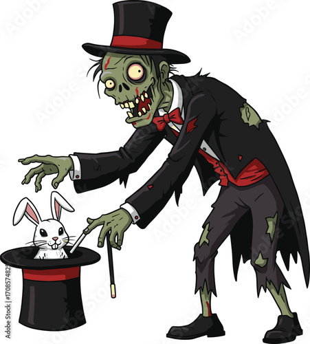 Cartoon zombie magician in torn tuxedo with top hat performing magic trick, pulling white rabbit from hat, spooky Halloween vector illustration