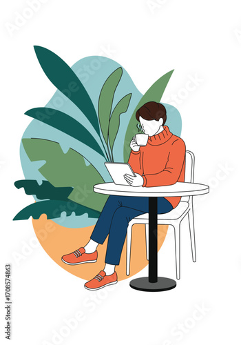 A man sits at a table and drinks coffee while reading a book outdoors.